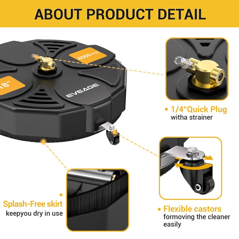 EVEAGE 18 Inch Large Size Pressure Washer Surface Cleaner Attachment with Wheels, 4000 PSI Power Washer Accessory with 1/4" Quick-Connect,2 Extension Wand for Driveways Sidewalks Patios Cleaning - Image 4